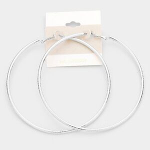 14K White Gold Round Hoop Earrings 3.75" Simple Silver Jewelry Textured Metallic